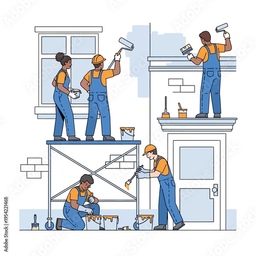Diverse construction crew painting exterior building facade with rollers and brushes