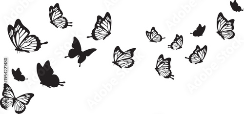 A set of black vector silhouettes featuring leaves and butterflies creates a natural summer pattern for spring decoration and art