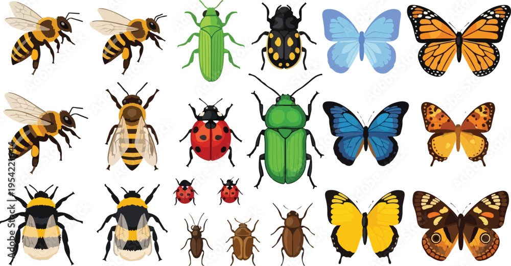 Fototapeta premium A diverse collection of cartoon insect illustrations featuring isolated butterflies, dragonflies, and beetles designed in a seamless nature pattern