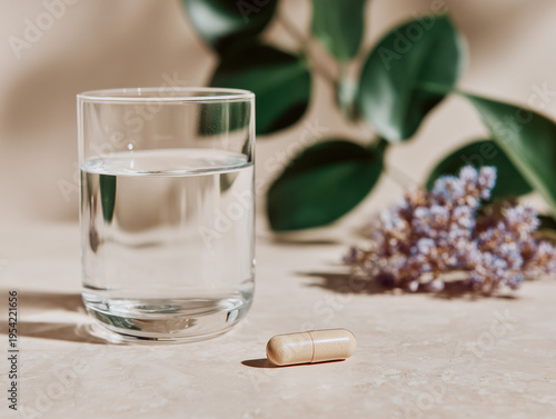 Supplement capsule with glass of water natural health concept minimal background