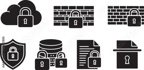 Minimalist Black and White Security Icon Set Featuring Locked and Unlocked Padlocks, Keyhole, and Digital Combination Lock; Simple Vector Symbols for Cyber Privacy, Data Safety, and Access Control.