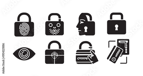 Minimalist Black and White Security Icon Set Featuring Locked and Unlocked Padlocks, Keyhole, and Digital Combination Lock; Simple Vector Symbols for Cyber Privacy, Data Safety, and Access Control.