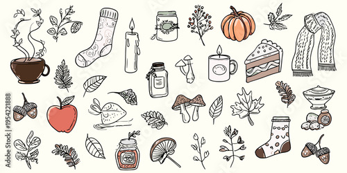 Autumn doodle collection cozy fall elements hand drawn vector illustration set with pumpkin scarf candle mug leaves seasonal objects for decoration design