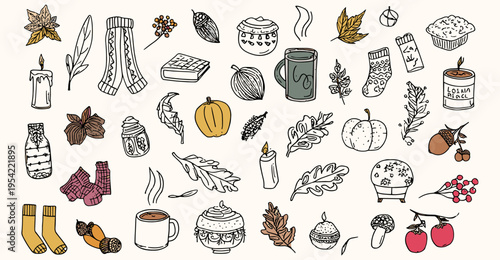 Cozy autumn doodles hand drawn vector set with pumpkin leaves scarf candle mug mushrooms fall seasonal illustration collection for stickers prints and decor