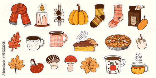 Fall season doodle illustration set with cozy objects pumpkin pie candle tea mug socks leaves mushrooms hand drawn vector collection for autumn design