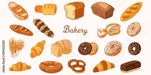 Bakery pastry products collection vector illustration set with bread croissant baguette donut pretzel loaf wheat elements for bakery menu food design
