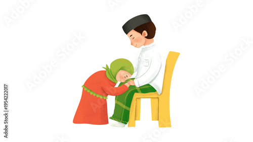 Young woman kneeling and asking for forgiveness from elder man