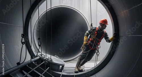 Worker in industrial setting with large pipe.