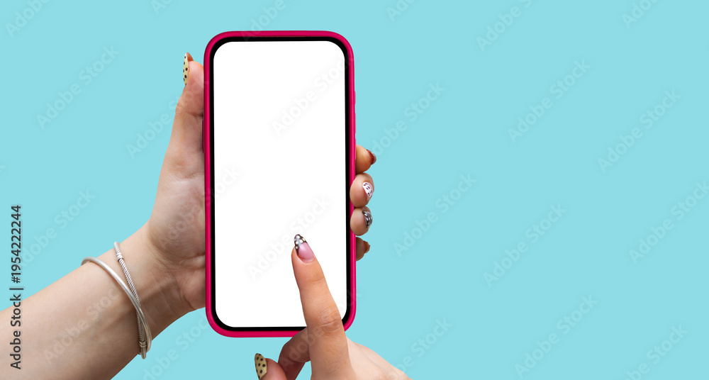 Εκτύπωση καμβά Person holding mobile phone vertically with pink case and finger pointing on bla