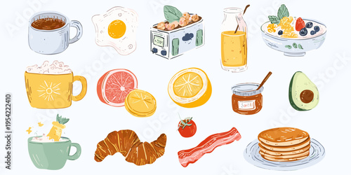 Breakfast Food and Coffee Cup Hand Drawn Vector Illustration Set, Morning Brunch Doodle Collection, Pancake, Egg, Avocado