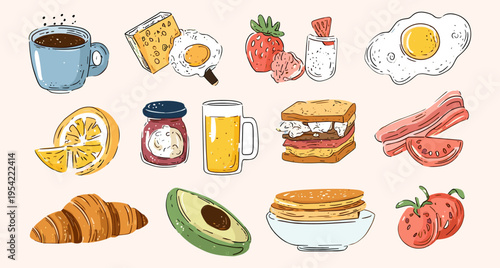 Cute Breakfast Food Doodle Collection Vector Illustration, Hand Drawn Cafe Icons, Juice, Fruit, Toast, Jam, Morning Meal