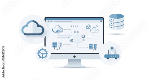 Cloud Computing Network Diagram on Computer Screen, Data Servers, Database, Router