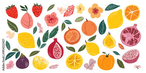 Hand Drawn Citrus and Berry Fruit Doodle Vector Set, Organic Botanical Sketch Illustration, Healthy Food, Juice, Fresh, Leaf