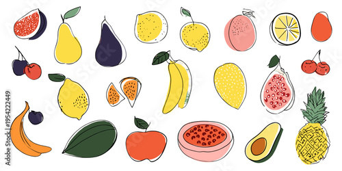Hand Drawn Organic Healthy Food Doodle Vector Set, Fresh Fruit and Berry Sketch Illustration, Watermelon, Cherry, Carrot, Menu