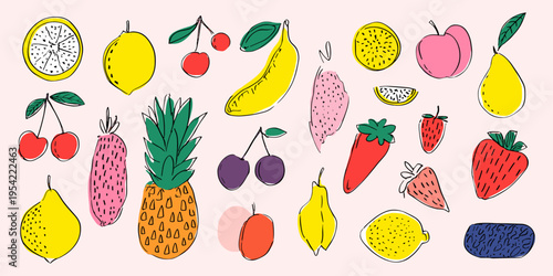 Colorful Fruit and Vegetable Hand Drawn Vector Illustration Set, Summer Doodle Collection, Pineapple, Strawberry, Banana, Lemon