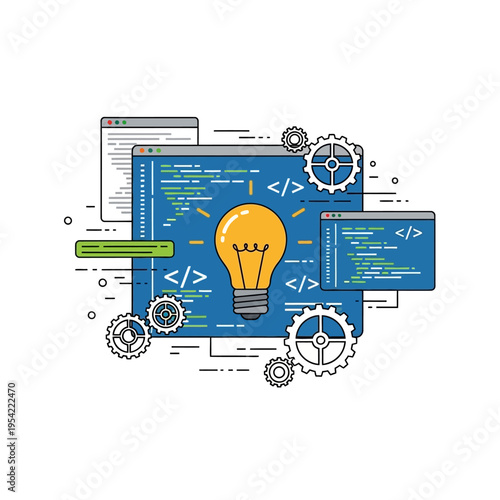 Coding idea, light bulb on screen with code, gears, software development concept