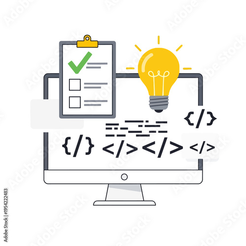 Coding project checklist, idea lightbulb, and programming code on computer screen