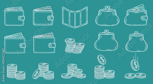 Collection of money icons and symbols.