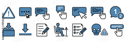 Set of report issue icons featuring alert, warning, caution, exclamation mark triangle, notice, attention, and communication symbols for notifications, safety, and user interface vector illustration