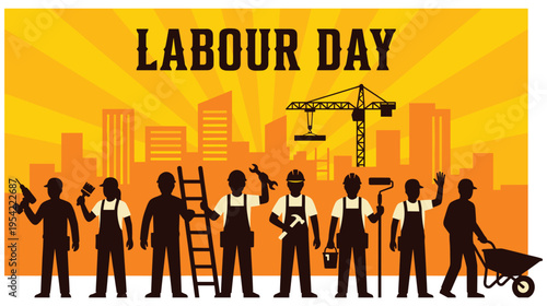 Construction crew silhouettes for labor day celebration in orange city