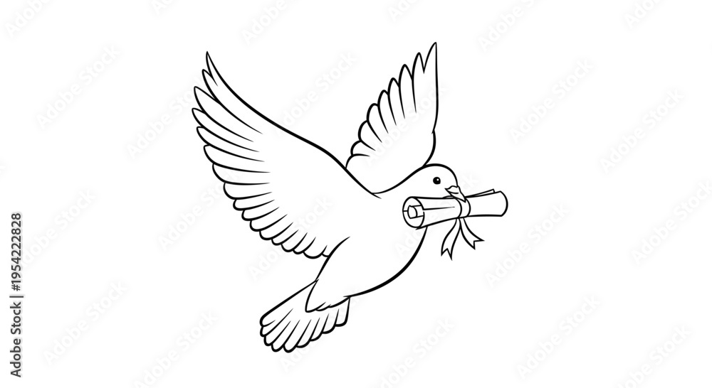 Fototapeta premium Flying Dove with Scroll Line Art Drawing.