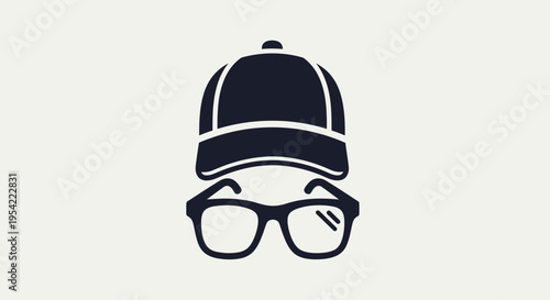 Minimalist icon of a baseball cap and eyeglasses.