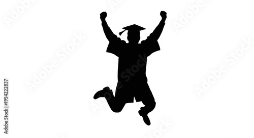 Silhouette of a jumping graduate celebrating academic achievement and success.