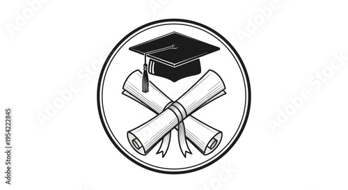 Graduation Cap and Rolled Diplomas in a Circular Emblem Design.
