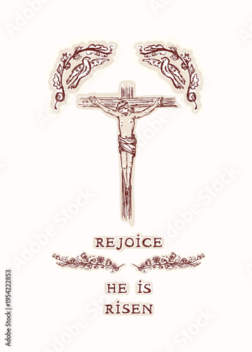  Jesus Christ crucifiction nailed on crossGood Friday motif set with he is risen lettering. Foreaster christian greetings card. Flat hand drawn vector isolated editable Black white bible study sticker
