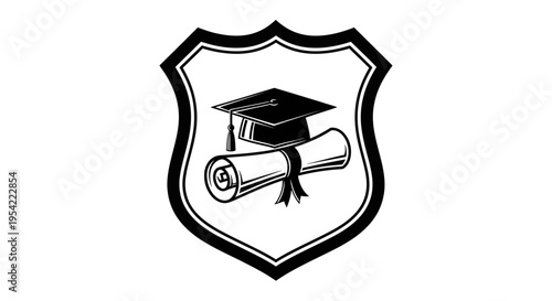 Academic achievement shield with graduation cap and diploma scroll.