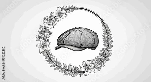 Vintage Flat Cap in Floral Wreath Engraving.