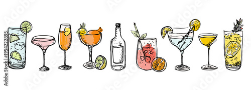 Hand drawn cocktail drinks vector set with martini wine glass citrus slices sketch illustration collection, cocktails, drinks, bar, alcohol, beverage
