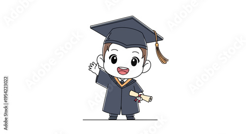 Happy cartoon graduate boy celebrates academic achievement with diploma.