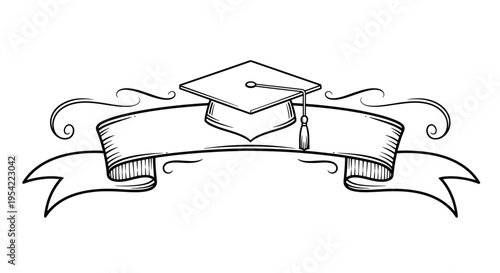 Hand drawn graduation cap on decorative blank banner for academic achievements.