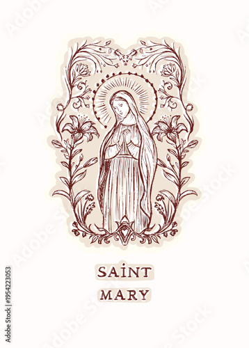 Beautiful hand drawn Saint Mary frame illustration. Isolated flat vector christian greetings card design in black and white. Easter holy week, patron mother mary prayer, catholic pilgrimage blessing