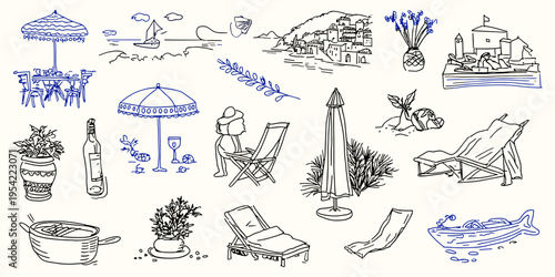 Mediterranean coastal lifestyle sketch vector set with beach chairs umbrella boat hand drawn illustration, Greece, Italy, summer, travel, seaside