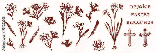 Hand drawn easter floral daffodil motif set with christian blessing lettering. Flat isolated vector design with cross motif and block print flower. For Holy week , spring bible journaling sticker pic