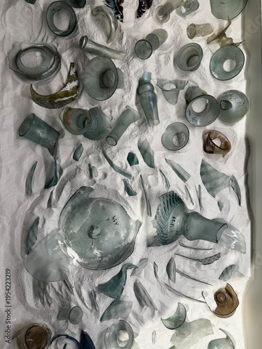 A curated collection of ancient glass artifacts and broken fragments carefully displayed on a textured white surface, resembling an archaeological excavation. The image highlights historical craftsman