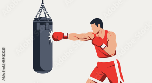 A determined male athlete in vibrant red boxing attire powerfully strikes a suspended punching bag during an intense training session, showcasing strength and dedication