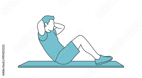 Vector illustration depicting a dedicated man performing a sit-up exercise on a mat, emphasizing core strength, abdominal conditioning, and a disciplined fitness training regimen for overall wellness