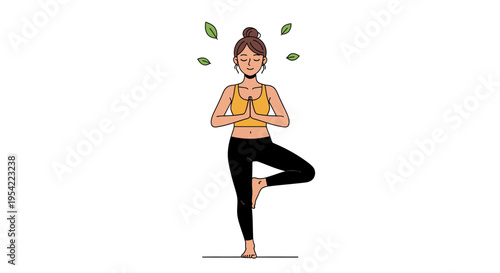 A woman in black leggings and a yellow top performs the Vrksasana yoga pose, balancing on one leg with her hands pressed together in Anjali Mudra, green leaves floating above her head