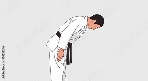 Illustration of a disciplined martial artist in a white gi with a black belt performing a respectful bow, embodying tradition and etiquette in practice
