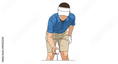 Golfer in blue polo and visor preparing to hit a golf ball from a tee