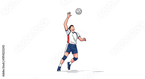 An athletic individual in sportswear performing a volleyball serve with focus and determination against a white background, showcasing a dynamic pose