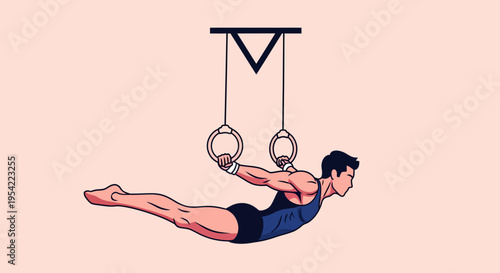 Dynamic illustration of a male gymnast expertly performing a strength-based maneuver on still rings, showcasing powerful athleticism and focused determination in a clean graphic style