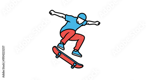 Dynamic flat illustration of a skateboarder executing an impressive aerial trick, capturing the essence of urban sports and active youthful energy in a minimalist design