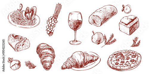 Italian cuisine vector set with hand drawn food sketches including pizza pasta croissant and wine glass, italian food, restaurant, menu, bakery, cooking