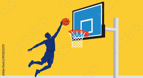 Basketball player performing a slam dunk on a bright yellow background with a blue backboard and net, illustration