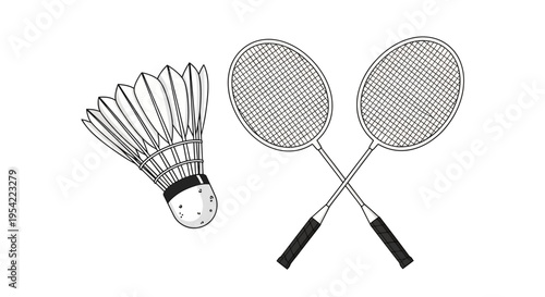 A simple line drawing of two badminton rackets and a shuttlecock, perfect for sports or hobby illustrations