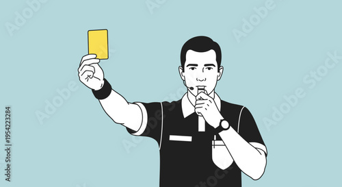 Official sports referee in uniform displaying a yellow penalty card while simultaneously blowing a whistle to communicate a game violation or stoppage, emphasizing rule enforcement and fair play
